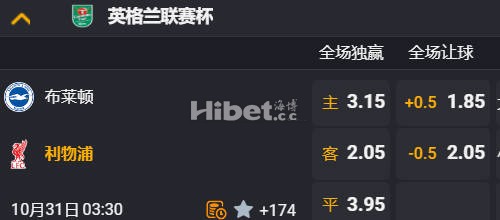 英联杯 03:30  布莱顿[英超6] - 利物浦[英超2]