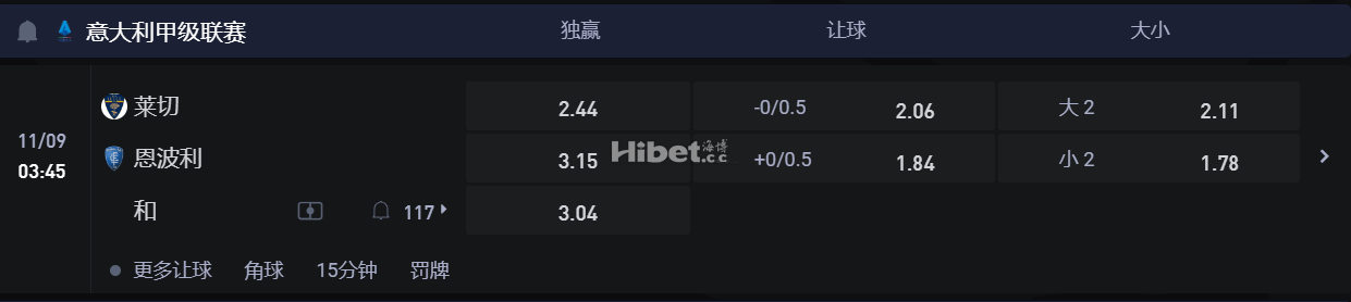 意大利甲级联赛 11/09 03:45 莱切 VS恩波利