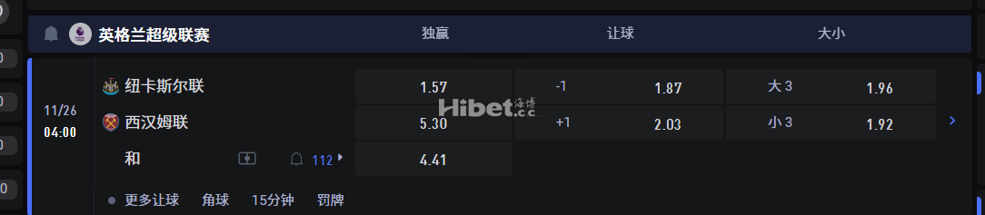 英格兰超级联赛  11/26 04:00 纽卡斯尔联 VS西汉姆联