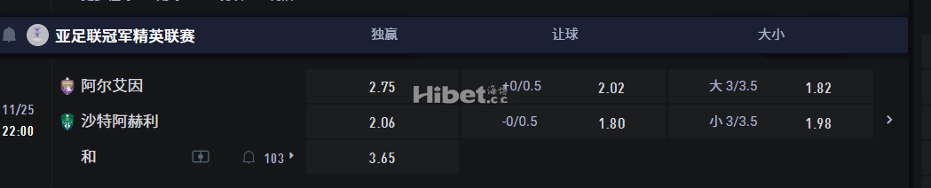 亚足联冠军精英联赛 11/25 22:00 阿尔艾因 VS沙特阿赫利